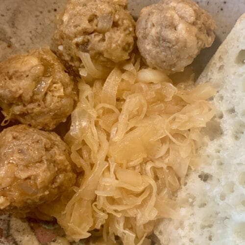 Vegan German Meatball and Sauerkraut served with bread!